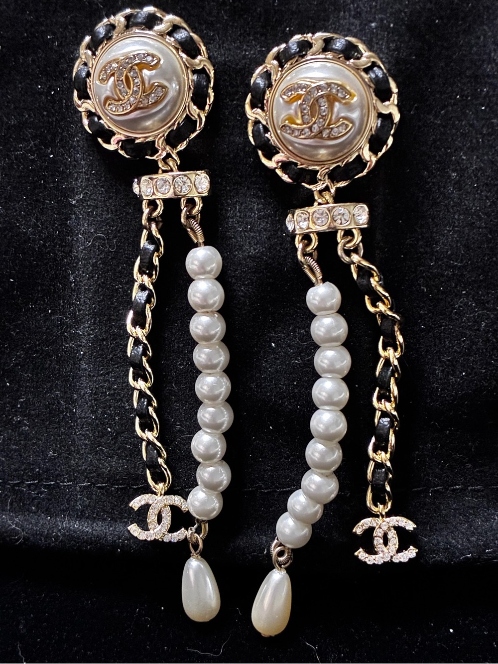 Double C Interlaced Pearl and Leather Dangle Logo Crystal Accents Logo Earrings